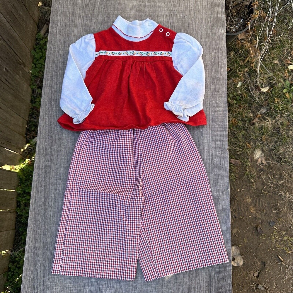 Vintage Tog A Longs Toddler Girl Shirt Short Pant Set 18 Months Red Floral Tulip